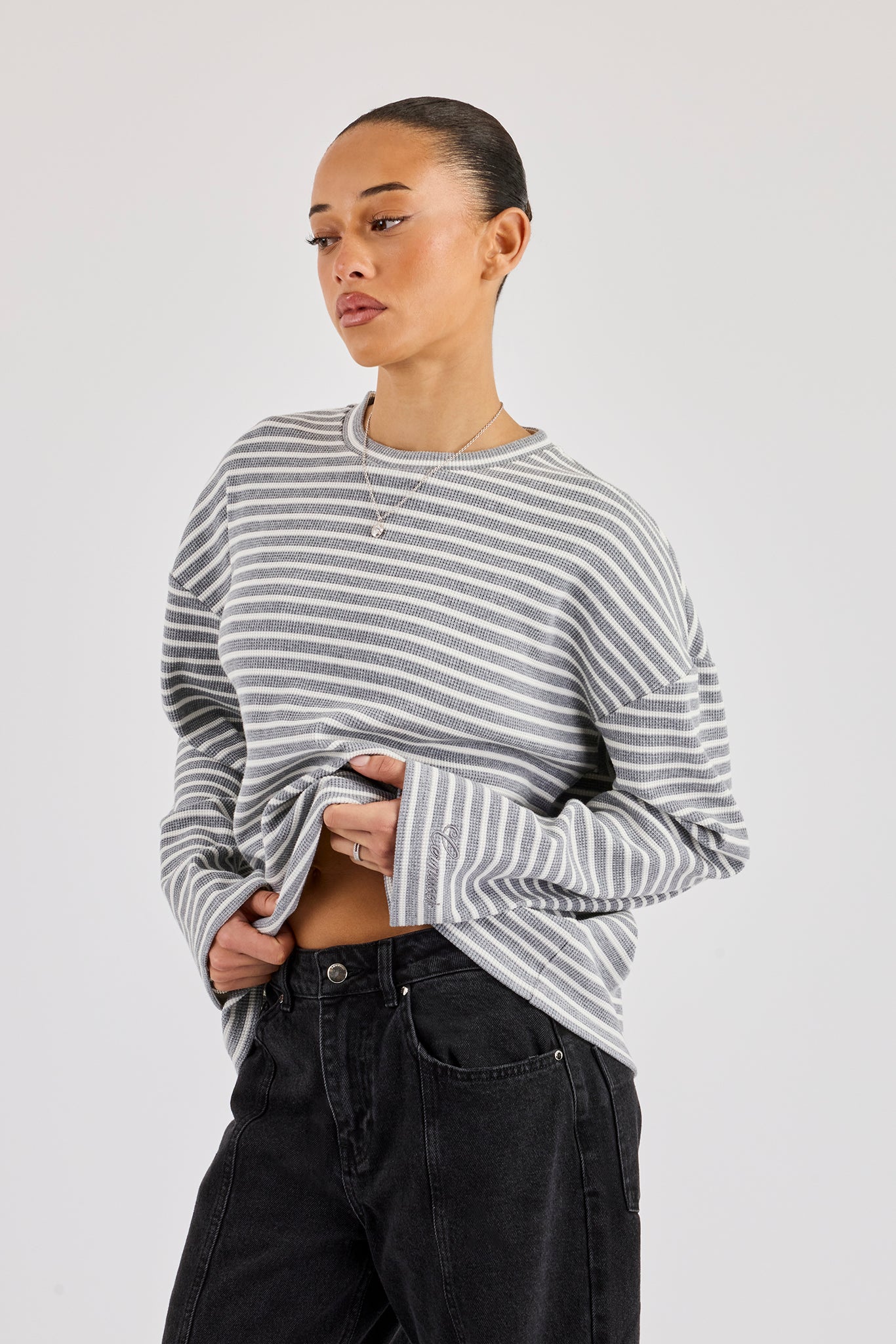 Waffle Stripe Long Sleeve T-Shirt - Grey